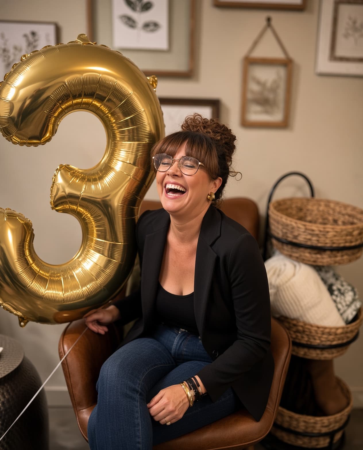 Kelsey laughing in a leather chair with a gold number three balloon