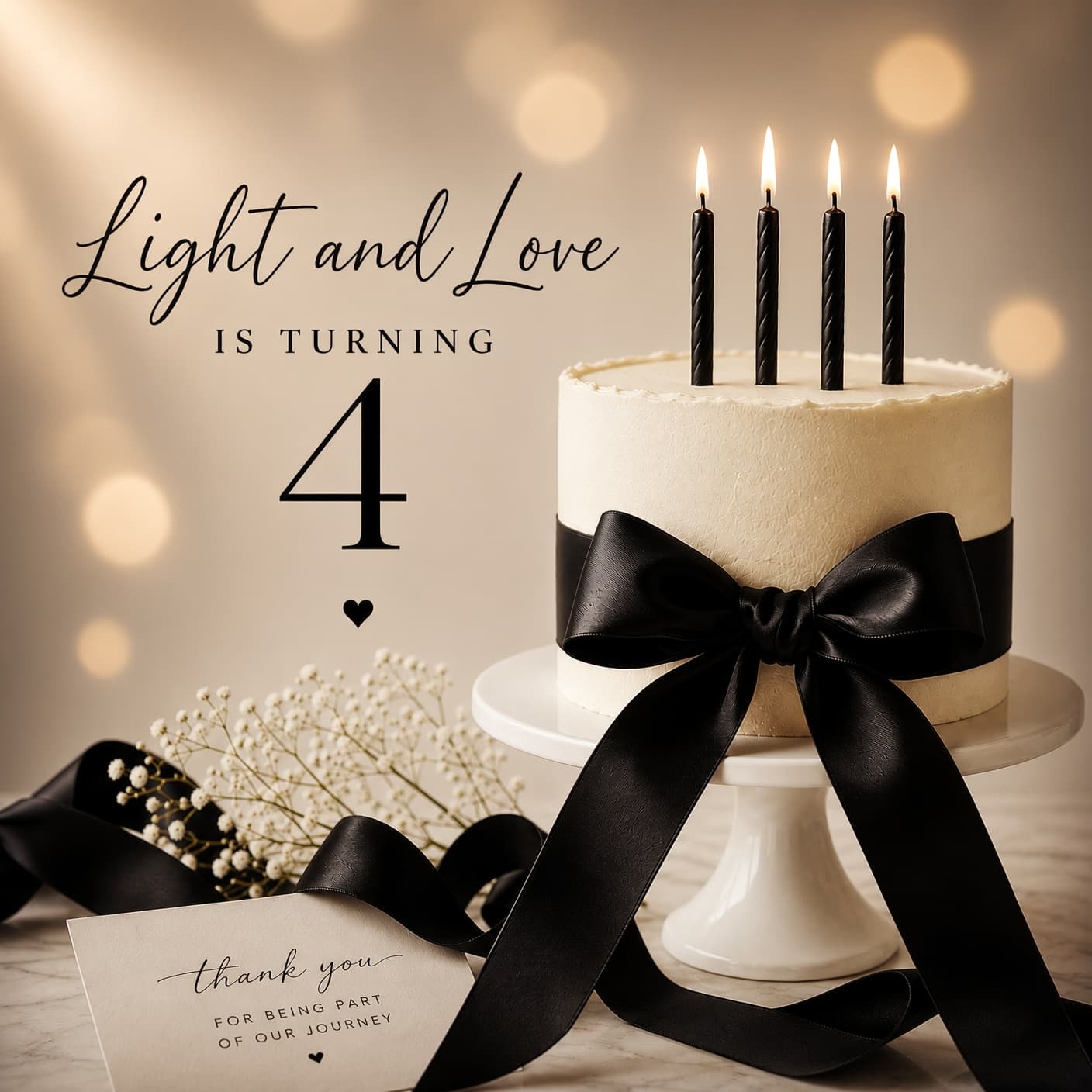 A white cake with a black bow and the words Light and Love is turning 4