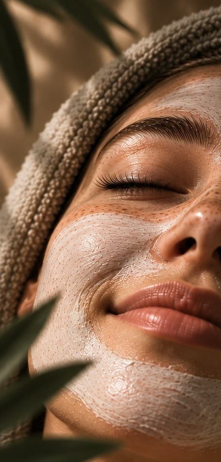 A guest wearing a cream treatment masque, resting with eyes closed